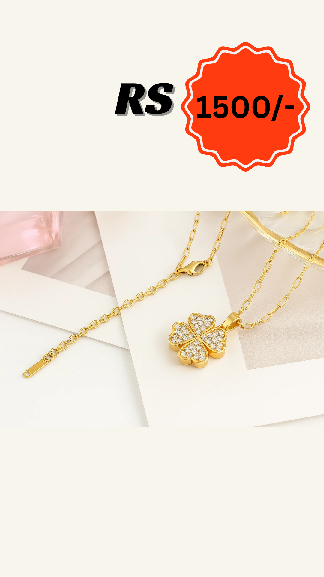 Gold Four-Leaf Clover Pendant Necklace – Sparkling Zircon Charm for Good Luck