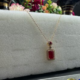 Royal Red Rectangular Pendant Necklace – Gold-Tone Chain with Diamond Accents