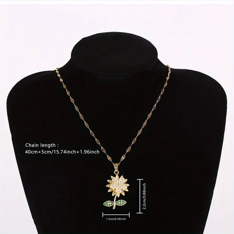 Elegant Gold Flower Pendant Necklace with Sparkling Crystals