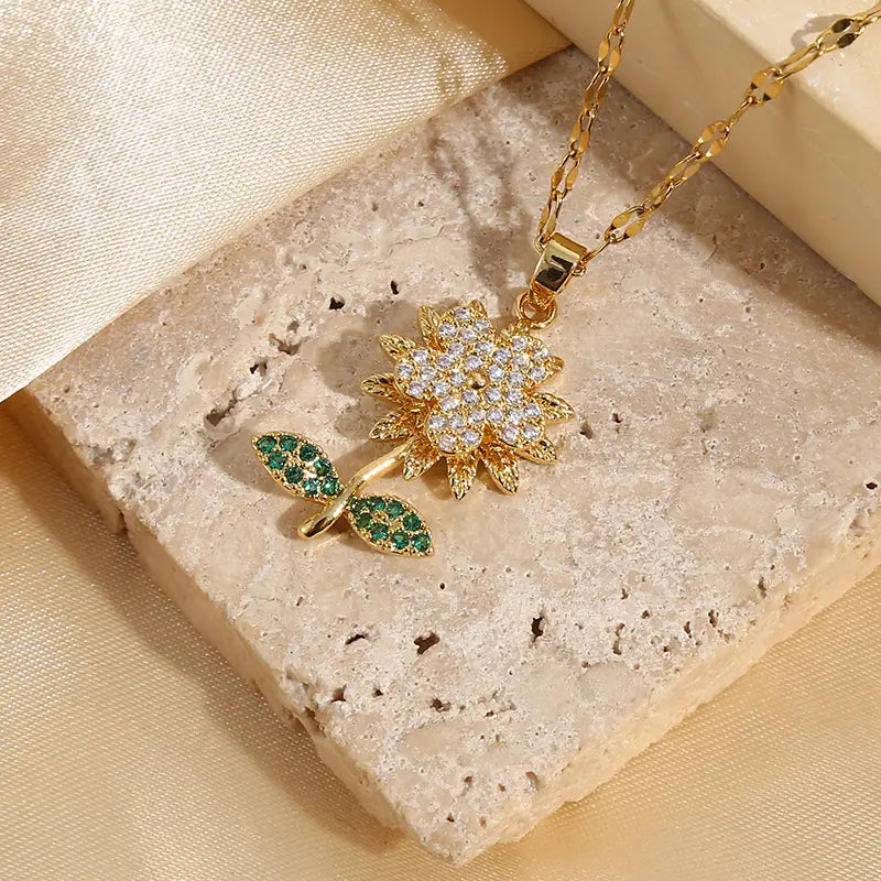 Elegant Gold Flower Pendant Necklace with Sparkling Crystals