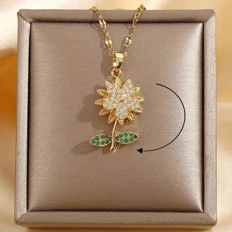 Elegant Gold Flower Pendant Necklace with Sparkling Crystals
