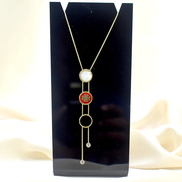 Triple Charm Adjustable Necklace – Gold Chain with Red Logo, Black & White Enamel Discs