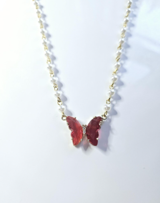 Elegant Red Butterfly Pendant Necklace – Stainless Steel Gold Chain