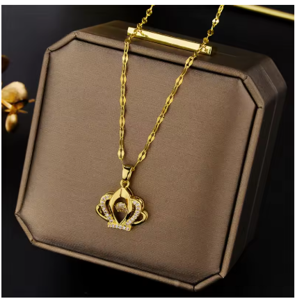 Royal Gold Crown Pendant Necklace – Sparkling Crystal Accents