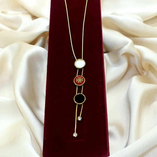 Triple Charm Adjustable Necklace – Gold Chain with Red Logo, Black & White Enamel Discs