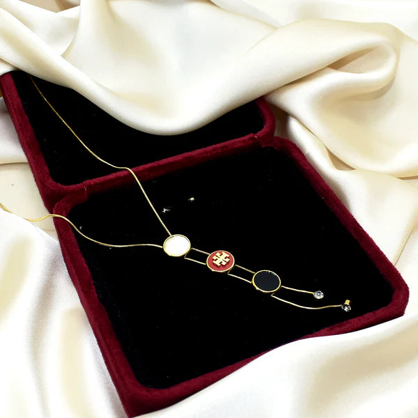 Triple Charm Adjustable Necklace – Gold Chain with Red Logo, Black & White Enamel Discs