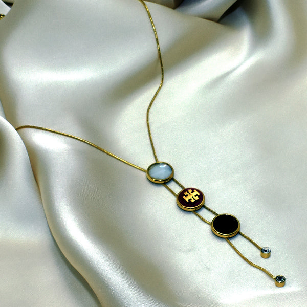 Triple Charm Adjustable Necklace – Gold Chain with Red Logo, Black & White Enamel Discs