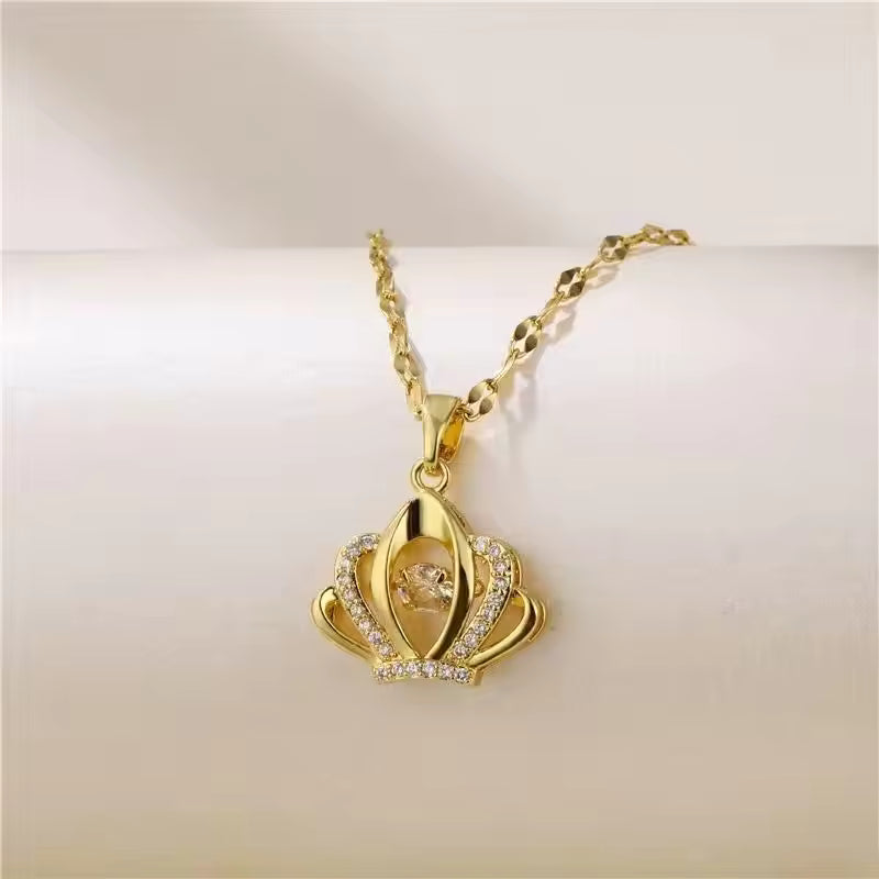 Royal Gold Crown Pendant Necklace – Sparkling Crystal Accents
