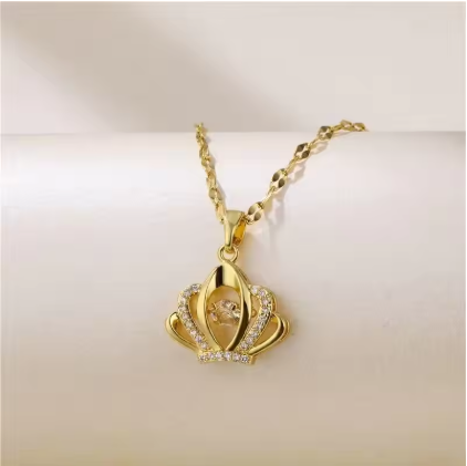 Royal Gold Crown Pendant Necklace – Sparkling Crystal Accents