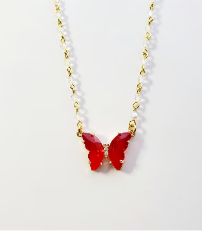 Elegant Red Butterfly Pendant Necklace – Stainless Steel Gold Chain