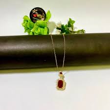 Royal Red Rectangular Pendant Necklace – Gold-Tone Chain with Diamond Accents