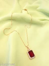 Royal Red Rectangular Pendant Necklace – Gold-Tone Chain with Diamond Accents