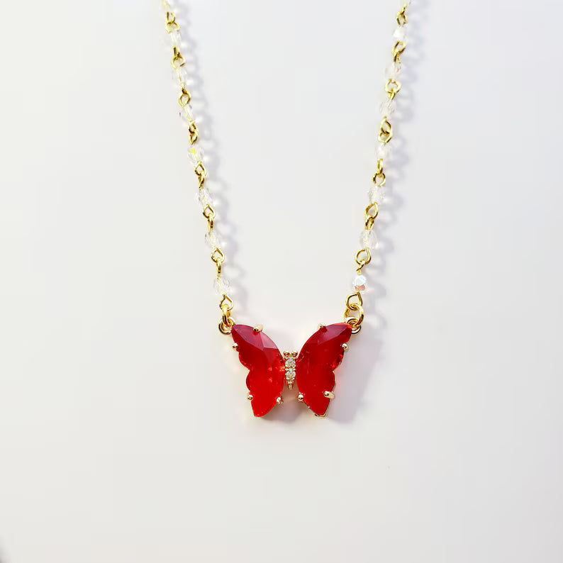 Elegant Red Butterfly Pendant Necklace – Stainless Steel Gold Chain