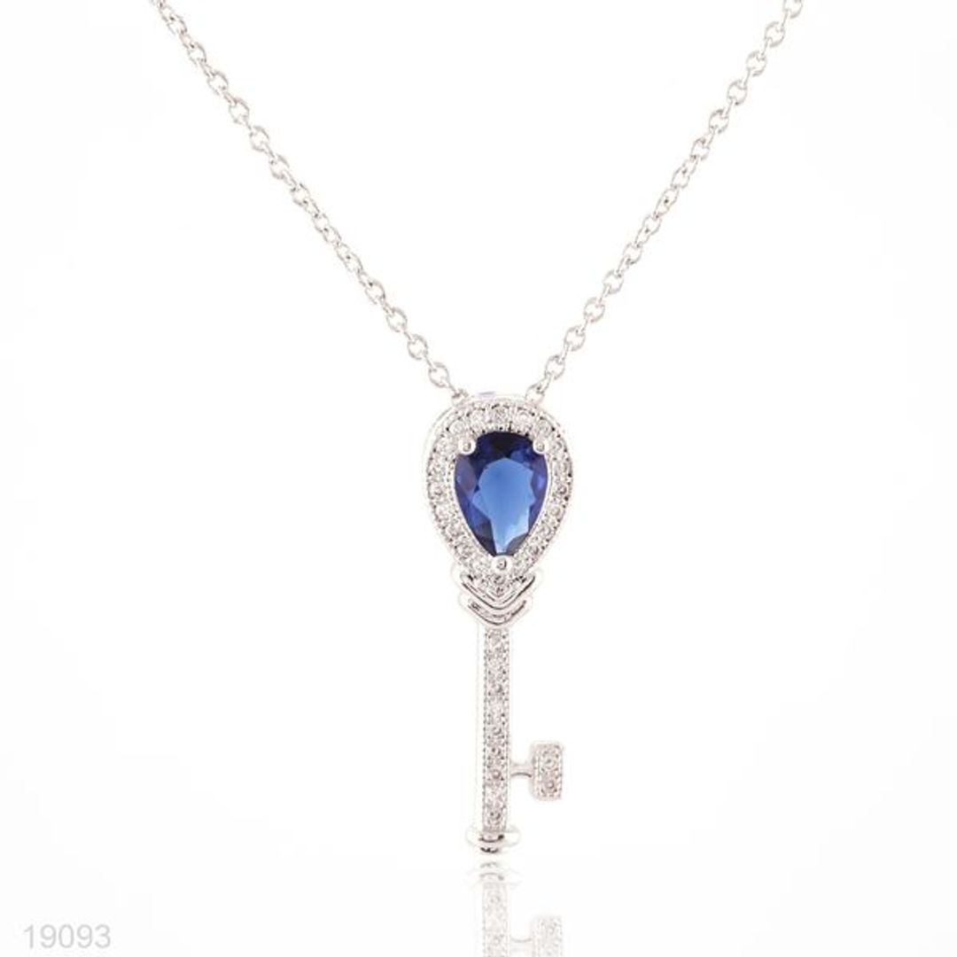 Royal Key Pendant Necklace – Silver with Sapphire Blue Stone