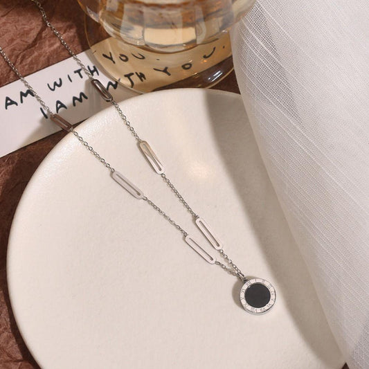 Chic Black Stone Pendant Necklace with Silver-Tone Chain – Modern Layered Design