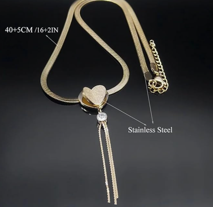 Styzee Vendre Heart Tassel Pendant Necklace – Gold Stainless Steel